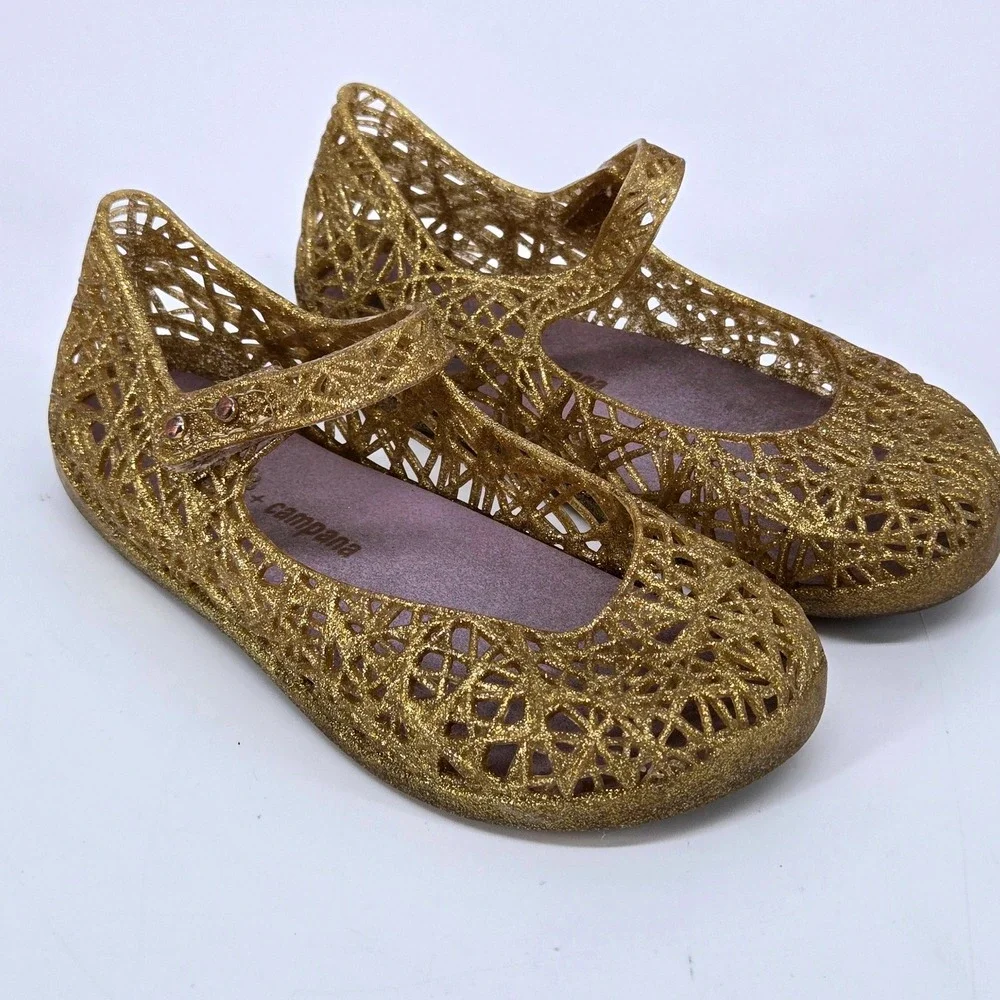 Mini Melissa Campana Zig Zag Gold Glitter Jelly Mary Jane Shoes Size 10 Toddler